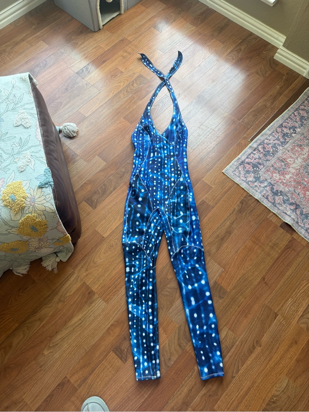 Blue Halter Tie-Back Printed Jumpsuit